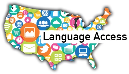 an outline of the united states with social media icons and language access written in text