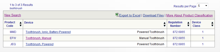 Sample Medical Device Classification Search on Manual Toothbrush (Results)