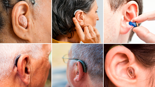 Photo collage of six people, each wearing a different type of hearing aid.