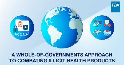Illustration graphic, headline "A Whole-of-Governments approach to combating illicit health products". Left image representing security. Center image world globe. Right image representing supply chain.