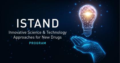 Computer graphic of a hand holding a light bulb against a black background. Text to the left of the graphic highlights ISTAND, the Innovative Science & Technology Approaches for New Drugs Program