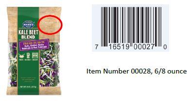 Mann's Kale Beet Blend. US: Best if Used By in upper left corner and UPC on back. Affected Product date codes: OCT 14 – 16, 2017