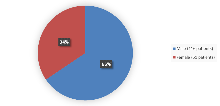 Pie chart summarizing how many male and female patients were in the clinical trial. In total, 116 (66%) male patients and 61 (34%) female patients participated in the clinical trial.
