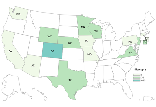 Outbreak Investigation of Salmonella Thompson – Seafood - CDC Case Count Map (December 6, 2021)