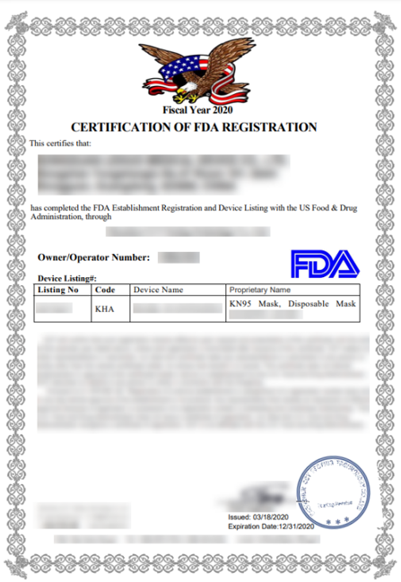 Example of a certificate that may mislead the recipient to believe that it has been issued by the FDA.