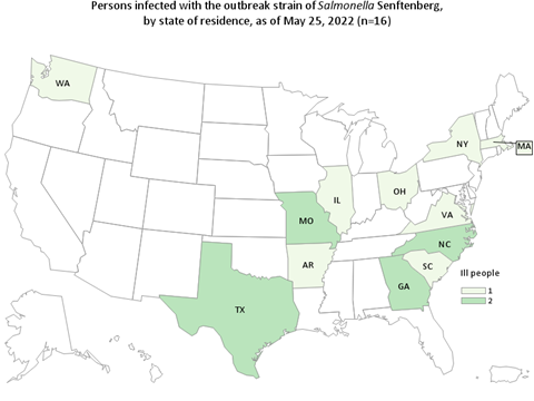 Outbreak Investigation of Salmonella in Peanut Butter (May 2022) - CDC Case Count Map as of May 25, 2022