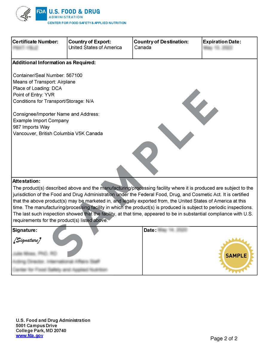 Sample Food Export Certificate Issued BEFORE June 29, 2020 (page 2)