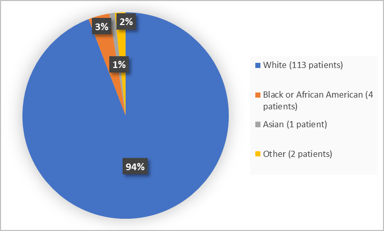 Pie chart summarizing how many patients of different races were in the clinical trial. In total, 113 patients were White (94%), 4 patients were Black or African American (3%), 1 patient was Asian (1%), and 2 patients were Other (2%).