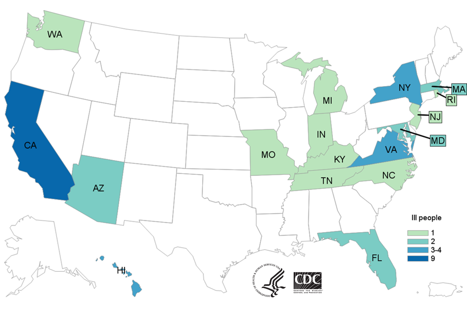 People infected with the outbreak strain of Listeria monocytogenes, by state of residence, as of June 9, 2020 (n=36)