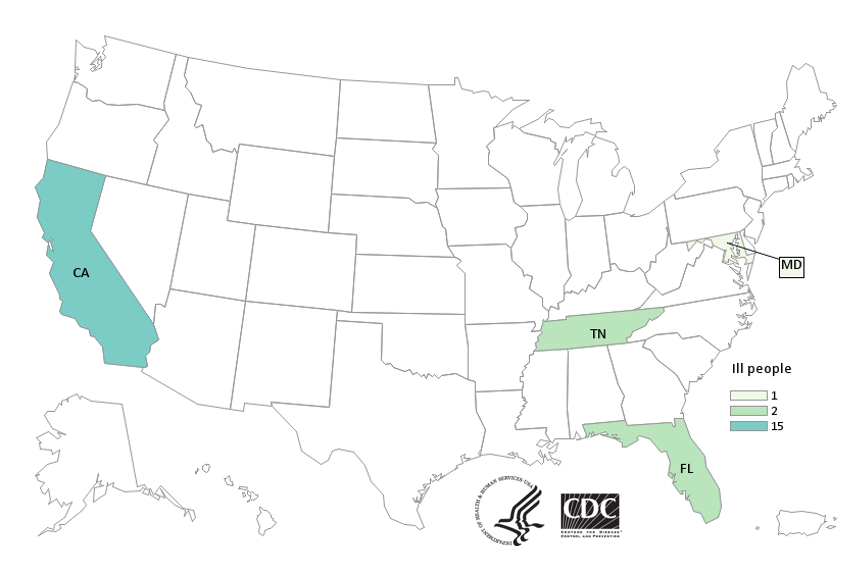 Outbreak Investigation of Salmonella in Cashew Brie Products - CDC Case Count Map (July 7, 2021)