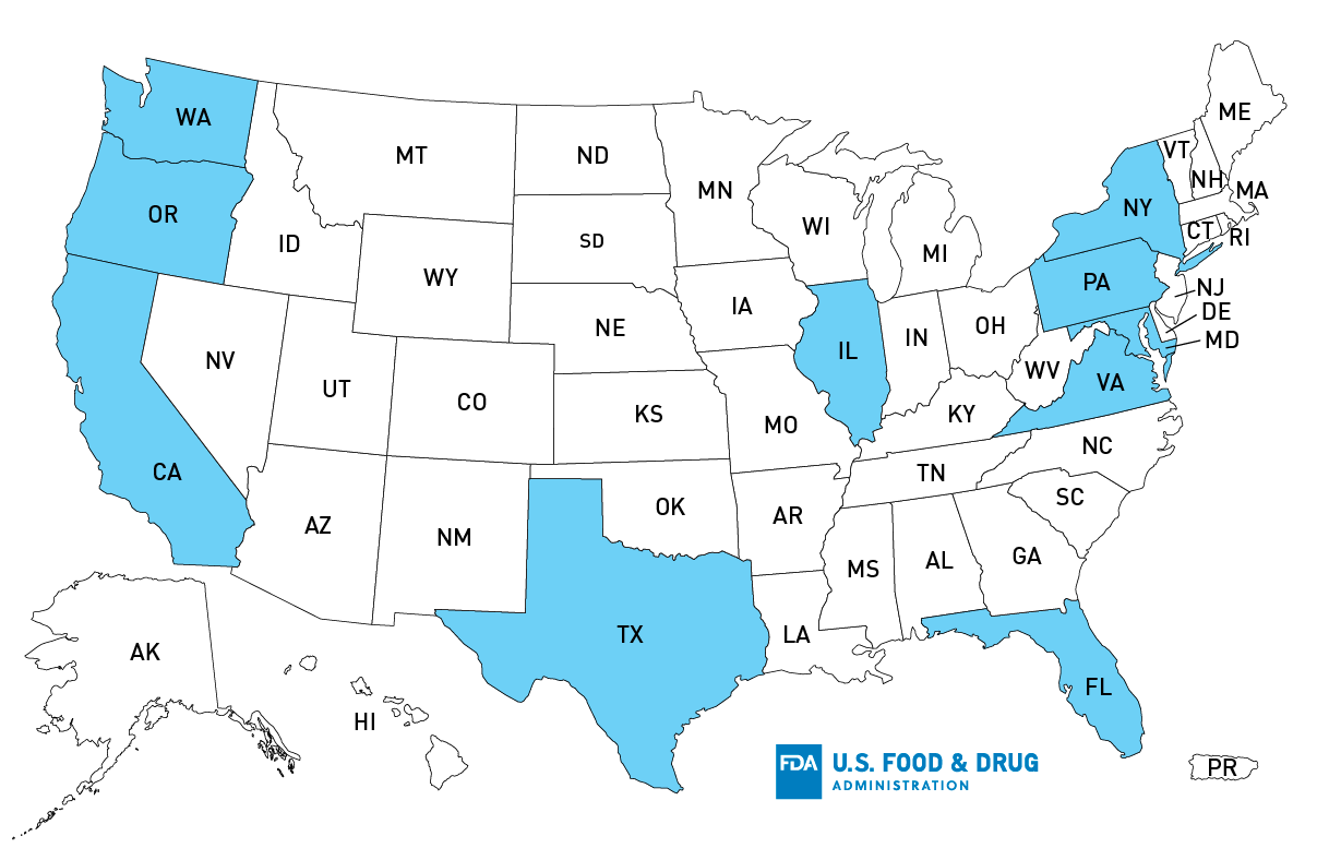 Product Distribution Map shows that recalled enoki mushrooms were distributed in California, Florida, Illinois, New York, Maryland, Oregon, Pennsylvania, Texas, Virginia, and Washington.”