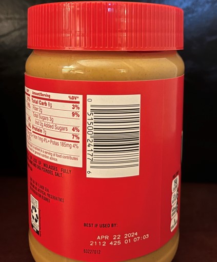Outbreak Investigation of Salmonella in Peanut Butter (May 2022) - Sample Recalled Product Label