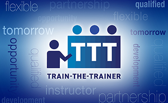 Train-the-Trainer text with illustration of trainer above and descriptive words in the background – tomorrow, opportunity, qualified, development, partnership