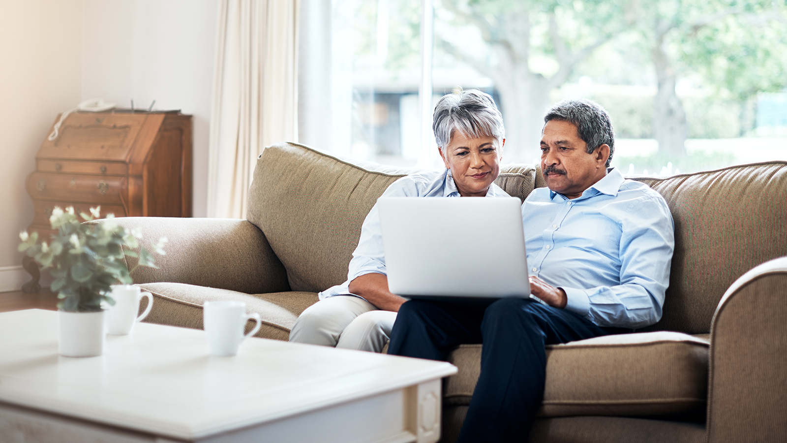 Elderly couple using a computer while sitting on a sofa
