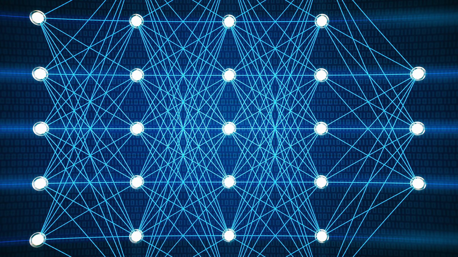 Rows of white dots connected by blue lines to indicate a neural network