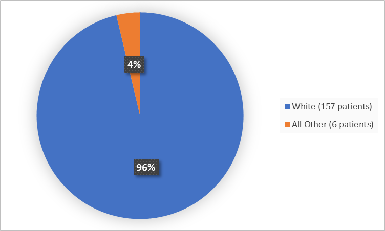 Pie chart summarizing the percentage of patients by race enrolled in the trials. In total, 157 Whites (96%), and 6  patients of other races Black (4%), participated in the clinical trials.