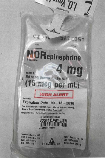 Label image for 4 mg of norepinephrine bitartrate added to 250 mL 5% Dextrose injection USP (16 mcg per mL) compounded by PharMEDium Services