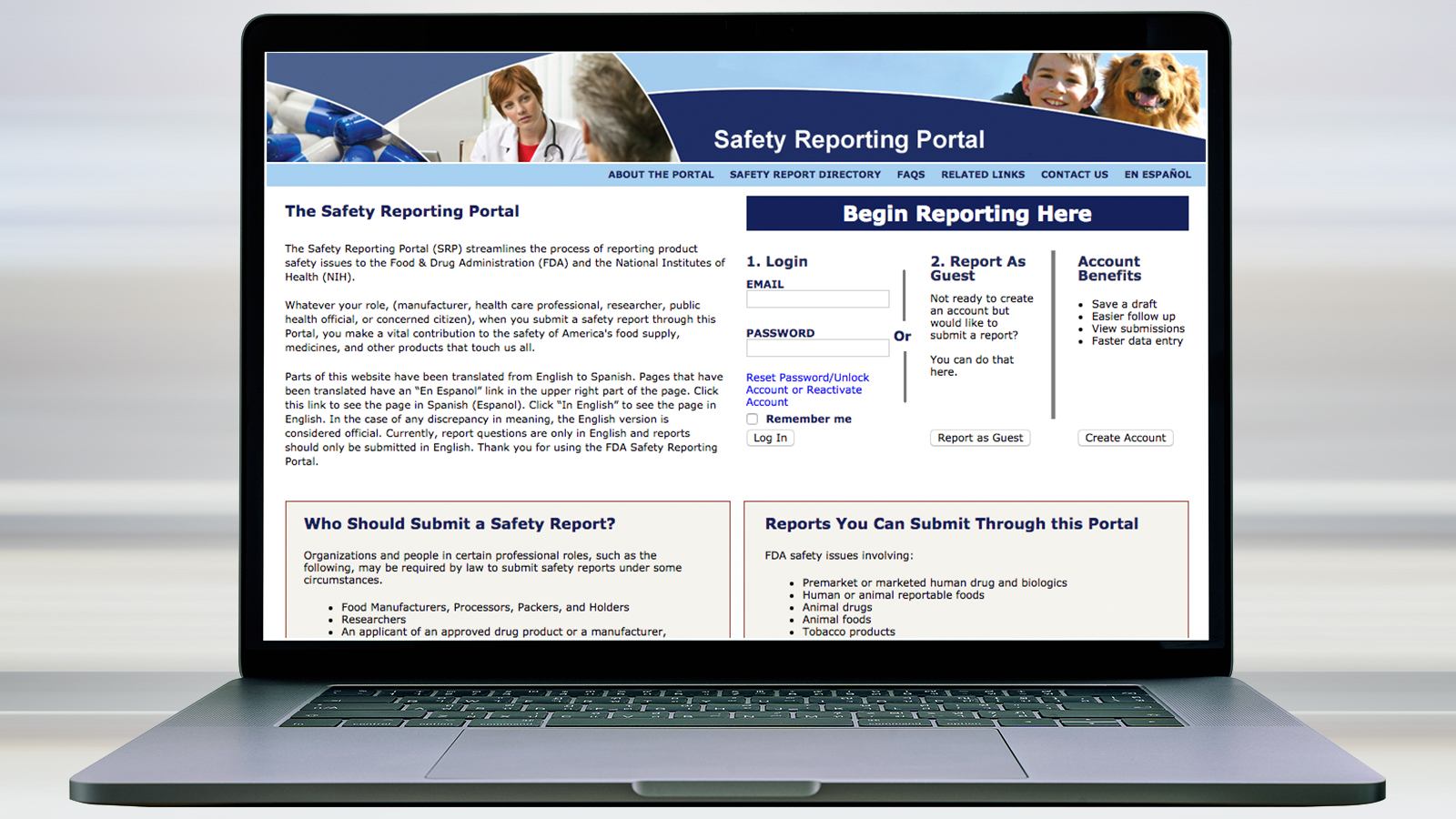 image of computer screen showing FDA safety reporting portal