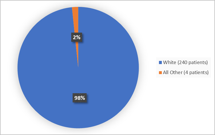 Pie chart summarizing the percentage of patients by race enrolled in the clinical trial. In total, 240 White (98%) and 4 Other (2%).