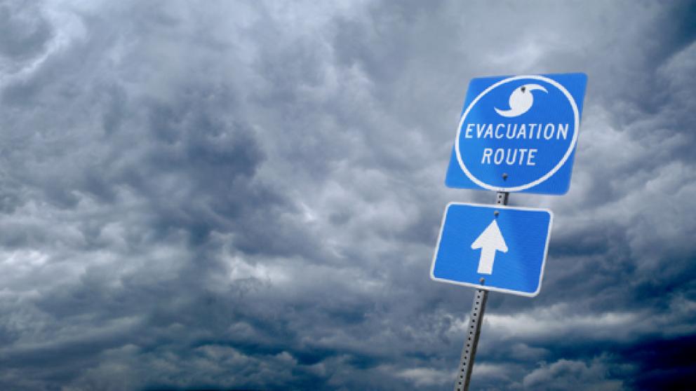 Evacuation route sign during storm