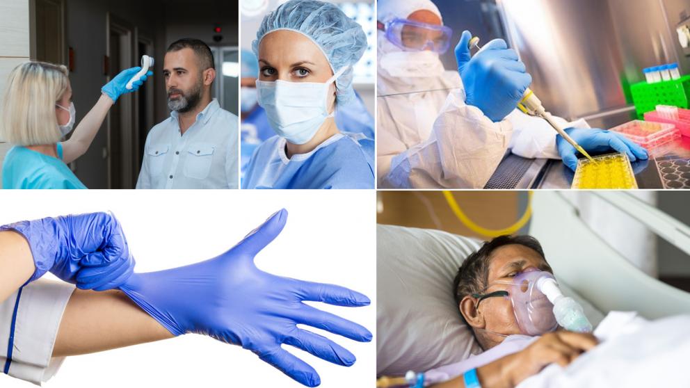 Images of FDA-regulated medical devices: infrared thermometer, mask, gloves diagnostic test, ventilator