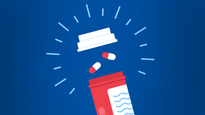 illustration of a prescription medicine bottle popping open with pills inside and two coming out