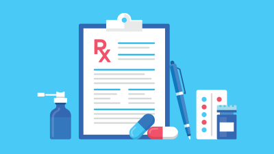 illustration of various medications, a list with the letters Rx on it, and a pen