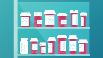 illustration of various prescription medicine bottles on shelves in a cabinet