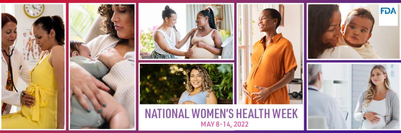 Collage of images including pregnant women, woman with health care provider, and woman with infant