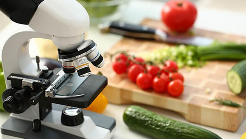 Image of microscope and food