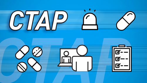 The acronym "CTAP" with icons of an emergency alert light, medicine capsules and pills, two people video conferencing and a checklist on a clipboard against a blue background with a motion blur effect indicating rapid progress