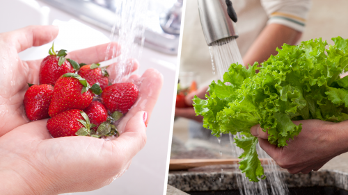 two photos, one showing hands holding fresh strawberries under running water and and the other showing hands holding fresh lettuce under running water