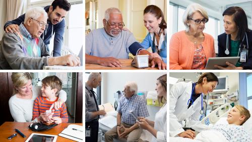 Collage of six photos of patients with caregivers at home, at the doctor's office, and in the hospital with various medical devices.