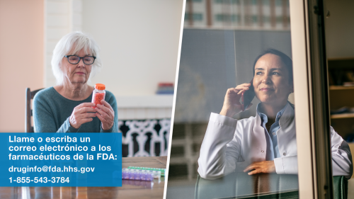 FDA Pharmacist image. Left image of senior adult woman reading prescription on bottle. Right image of pharmacist talking to patient on phone.
