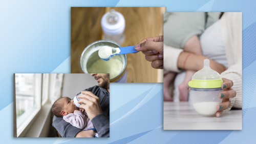 Photo collage; Left image of father feeding child infant formula. Middle image of mother scooping infant formula powder from container. Right image of mother picking up infant feeding bottle while holding her infant.