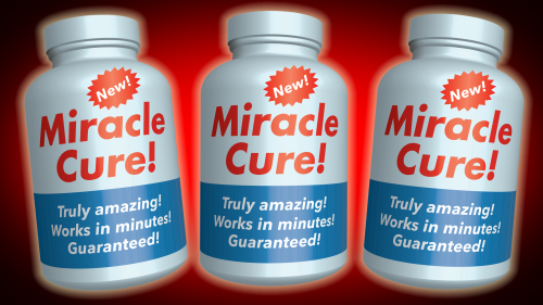 3D rendering of 3 bottles with the following words on the labels: NEW! Miracle Cure! Truly amazing! Works in minutes! Guaranteed!