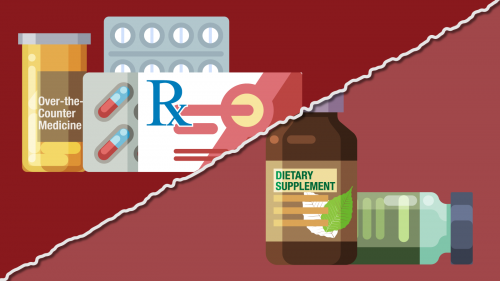 Illlustration graphic: Upper left - various prescription medication, pills, and tablets. Lower right - dietary supplements