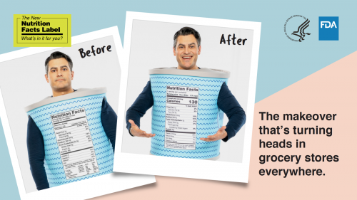 Graphic with two photos featuring the same man wearing a packaged food costume, with the old nutrition facts label and the word "BEFORE" on one, and the new label and the word "AFTER" on the other.