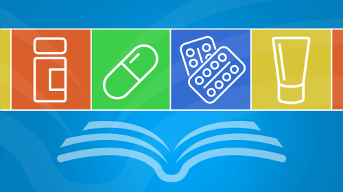 a stylized illustration of an open book above with appear icons of over-the-counter (OTC) medicine products, including a pill bottle, a capsule, two blister packs of tablets, and a tube of cream
