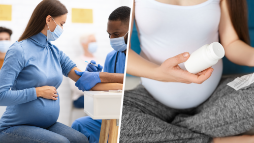 Image that depicts a pregnant woman getting a needle in her arm, and a pregnant woman holding a bottle of pills.
