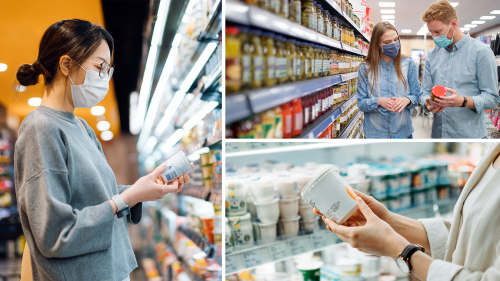 photo collage of people reading food labels on various packaged foods in grocery stores.