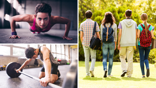 photo collage of teen girl doing pushups, teen boy lifting weights, and group of teens from behind, walking away from the camera
