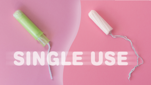 Two tampons, one shown within an applicator on the left and the other without an applicator on the right, followed by the words SINGLE USE