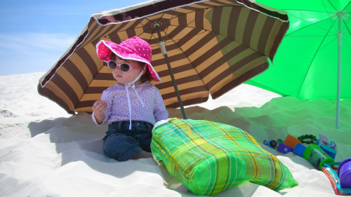 Photo of a toddler sitting on sand in the shade of a large beach umbrella wearing a broad brimmed hat, sunglasses, long sleeves and long pants.