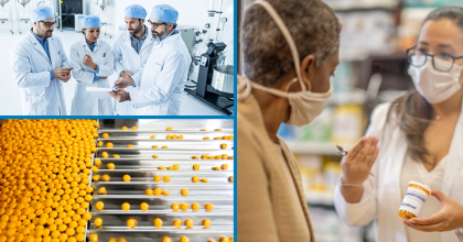 Three image collage depicting a group of lab workers in white coats. Yellow pills being sorted by machinery, and a pharmacist holding a bottle of pills, conversing with a patient.