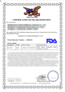 An example of a misleading registration certificate, with FDA logo.