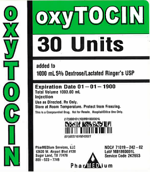 "Oxytocin 30 Units added to 1000 mL 5% Dextrose/Lactated Ringer's USP, NDC 71019-242-01"
