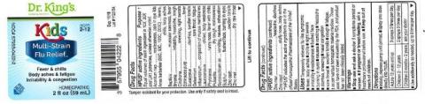 "Product label, Dr. Kings Kids Multi-Strain Flu Relief, 2 fl oz"