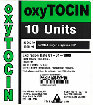 "Oxytocin 10 Units added to 1000 mL Lactated Ringer's Injection USP, NDC 71019-237-03"