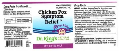 "Product label, Dr. Kings Chicken Pox Symptom Relief, 2 fl oz"